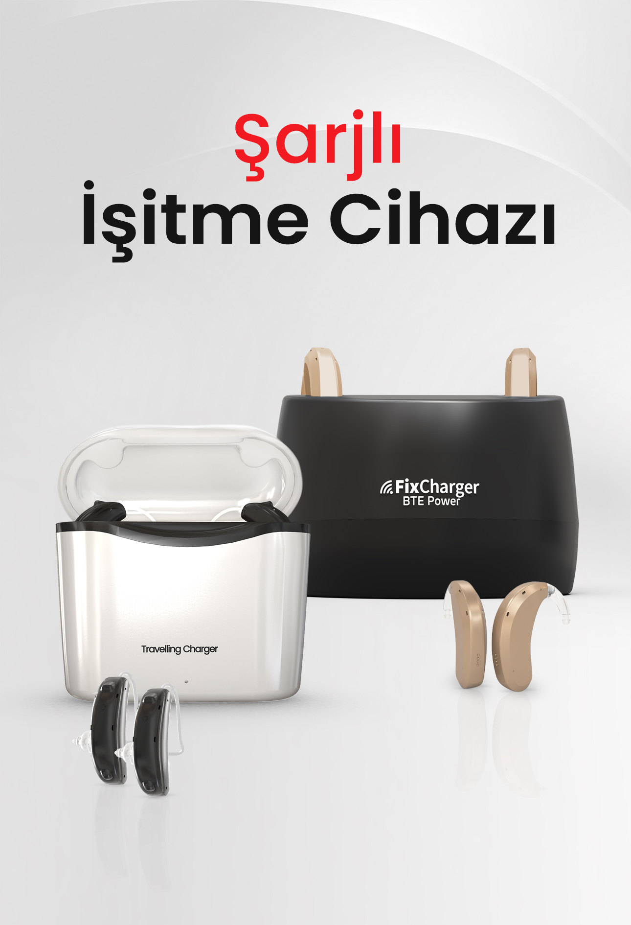 Şarj kutusu ile birlikte şarjlı işitme cihazları